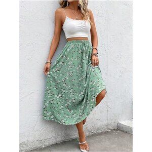 Women's Floral Print Tiered Layered Long Skirt Green